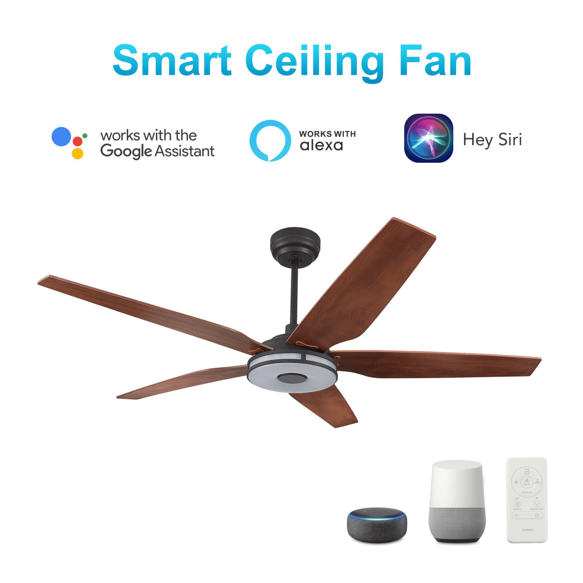 Explorer 52 In. Best Smart Ceiling Fan with Dimmable Led Light, Remote Control, Black/wood Grain Pattern, 5 - Blade W/ Alexa/Google Home Compatible - LEDMyPlace