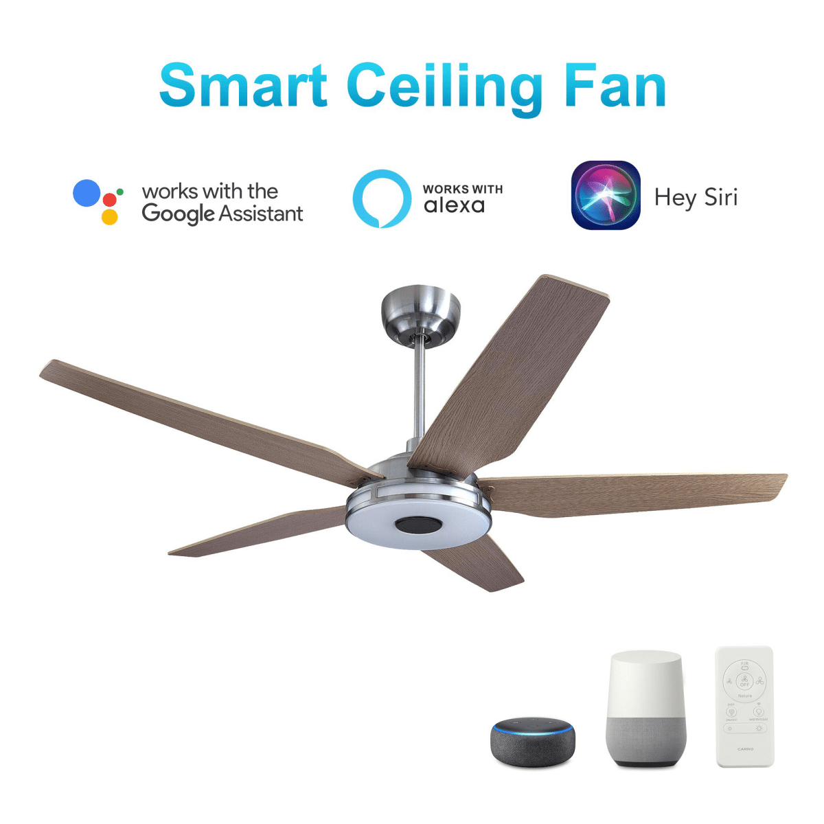 Explorer 52 In. Indoor/outdoor Best Smart Ceiling Fan with Dimmable Led Light, Remote Control, Works W/ Alexa/Google Home/Siri, Silver/light Wooden Pattern ( 5 - Blade) - LEDMyPlace