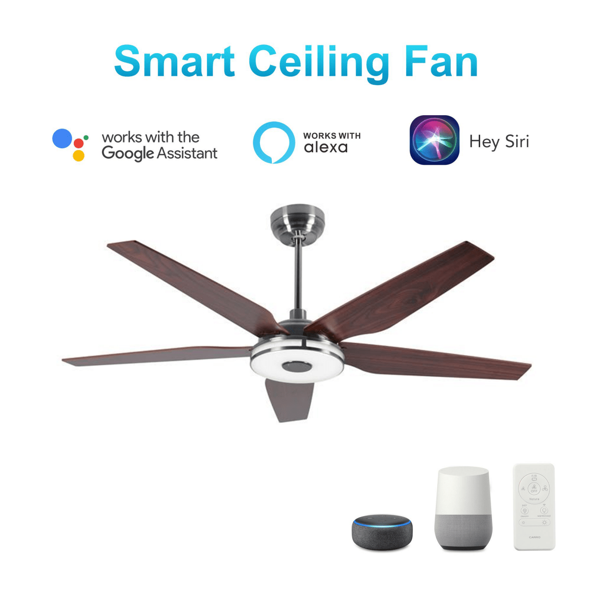 Explorer 56" (5 - Blade) Best Smart Ceiling Fan w/ LED Light & Remote, Silver/Wood Grain Pattern Finish, Alexa/Google Home/Siri Compatible - LEDMyPlace