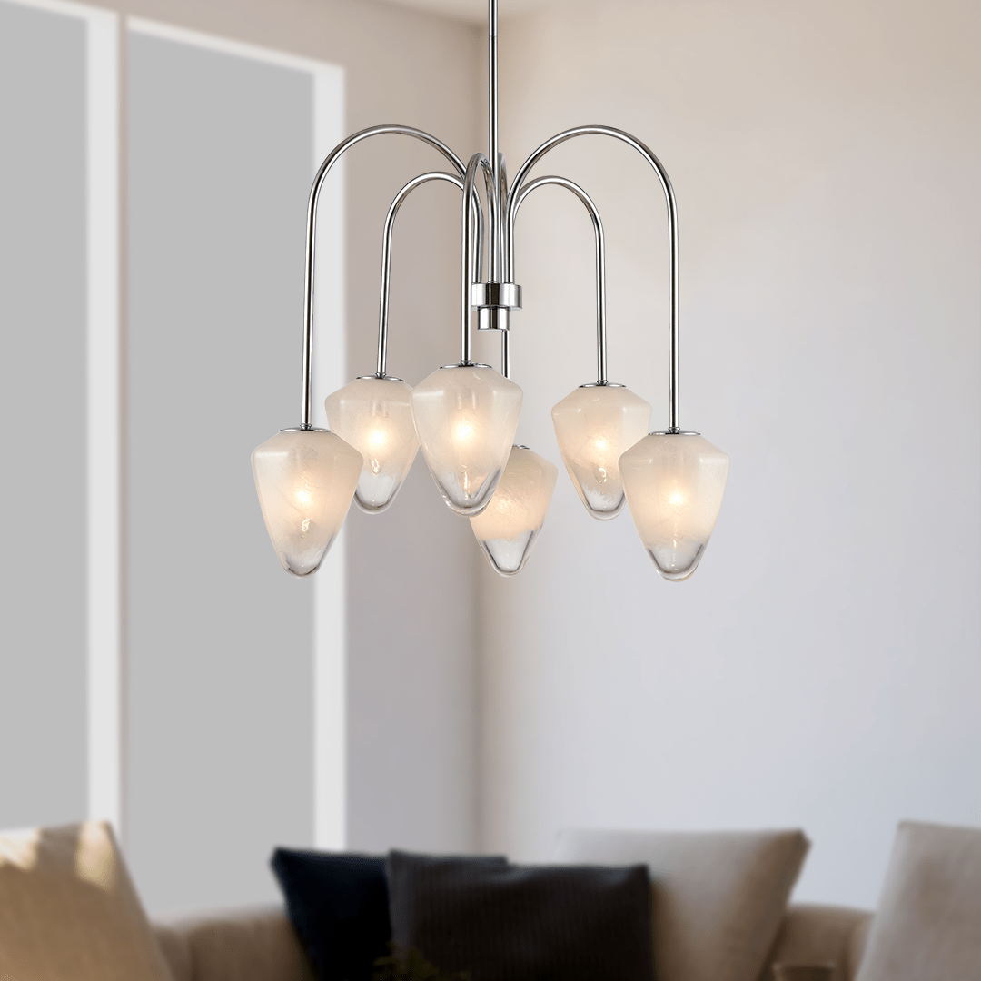 Flower Chandelier, 6 - Light E12 Base, Polished Nickel Finish hardware with Snow White Glass Shades - Modern and Contemporary Chandelier 24 in. W - LEDMyPlace