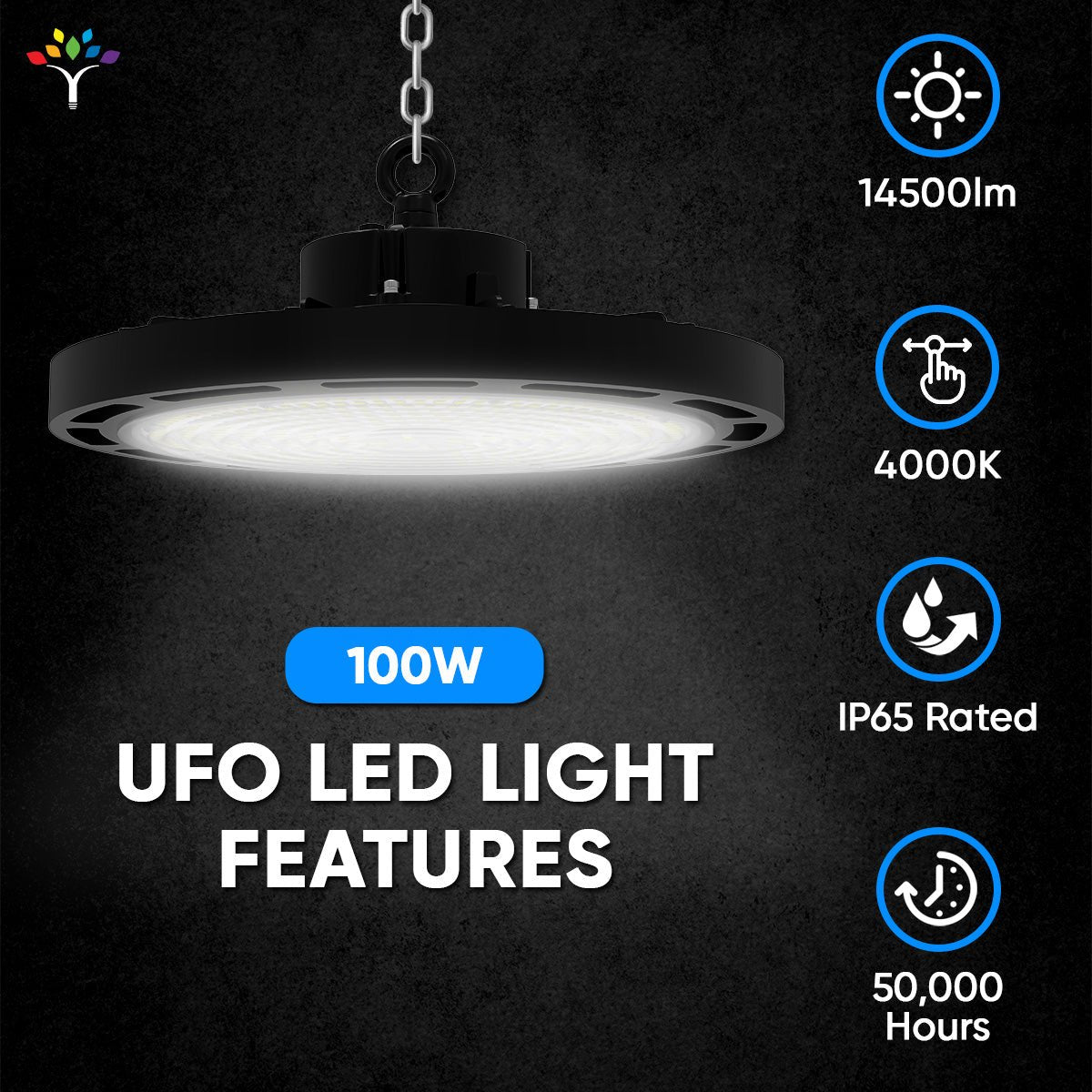 Gen13 100W UFO LED High Bay Light, 4000K, AC120 - 277V, 90° PC lens, IP65 Factory Warehouse Industrial Lighting, Black - LEDMyPlace