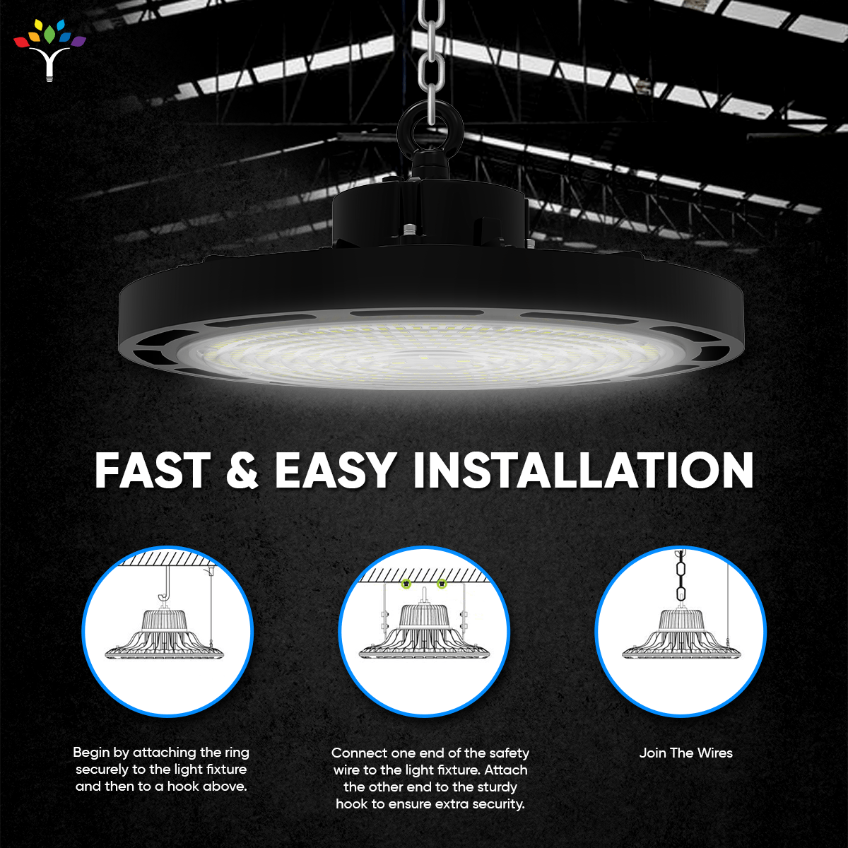 Gen13 100W UFO LED High Bay Light, 4000K, AC120 - 277V, 90° PC lens, IP65 Factory Warehouse Industrial Lighting, Black - LEDMyPlace