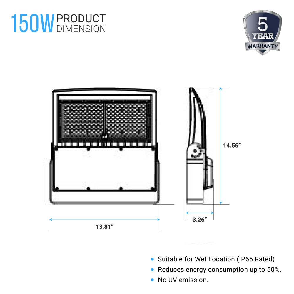 Gen14B 100W/120W/150W Watt Changeable LED Flood Light Outdoor 5700K Daylight White, 21,000LM Black, Dimmable, UL, DLC Premium, IP65 Waterproof LED Security Area Lights for Yard, Parking Lot, Playground & Stadium Lights - LEDMyPlace