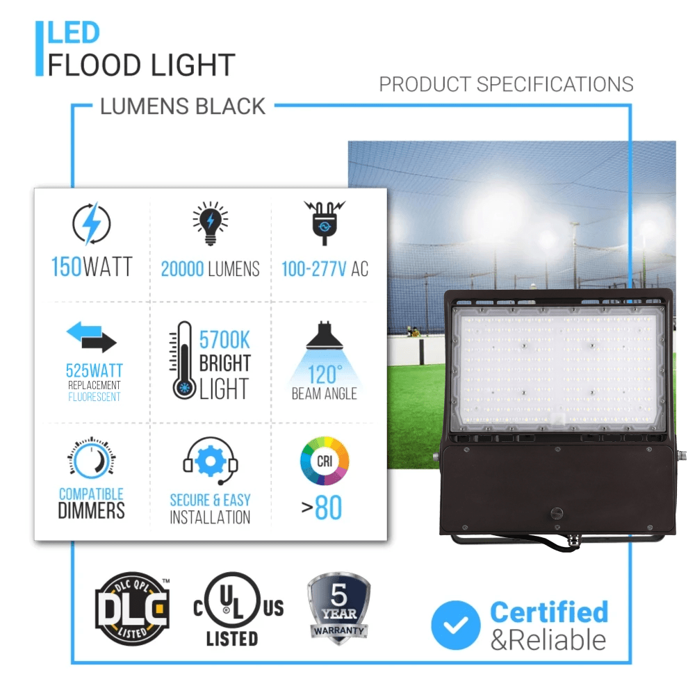 Gen14B 100W/120W/150W Watt Changeable LED Flood Light Outdoor 5700K Daylight White, 21,000LM Black, Dimmable, UL, DLC Premium, IP65 Waterproof LED Security Area Lights for Yard, Parking Lot, Playground & Stadium Lights - LEDMyPlace