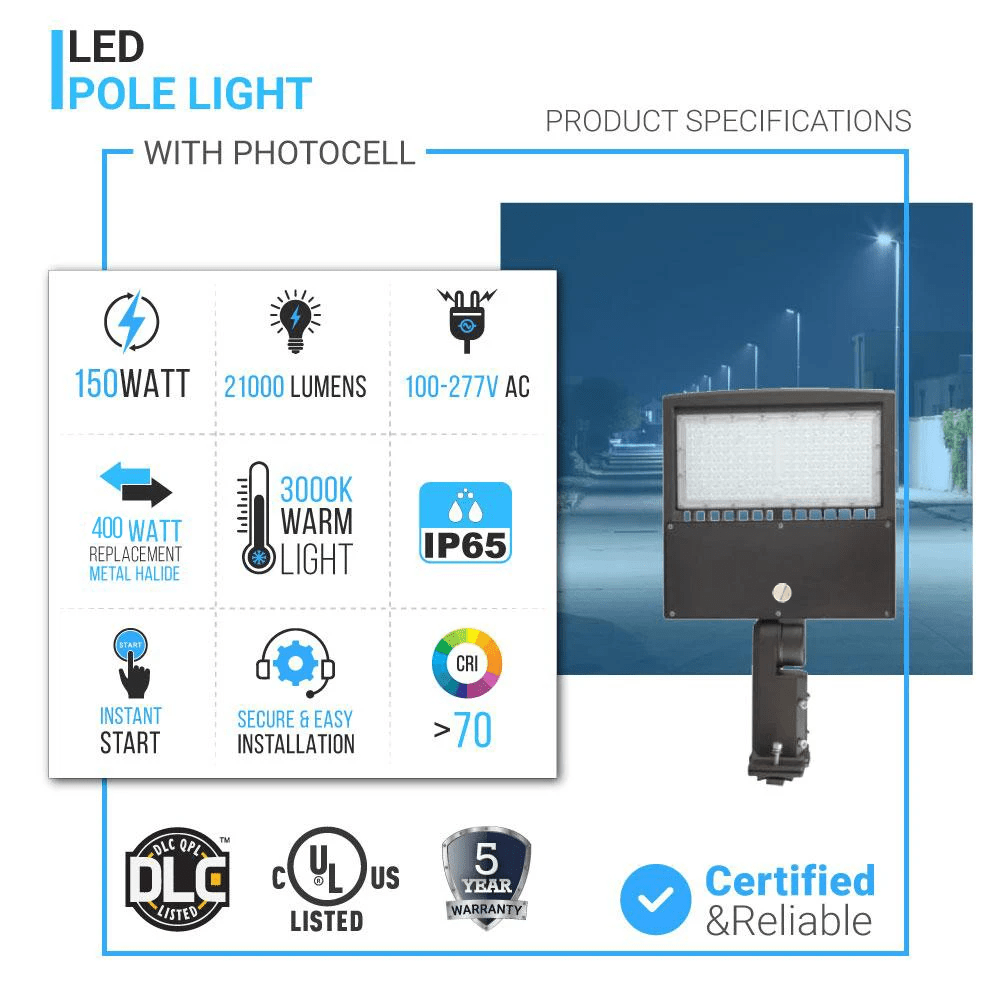 Gen14B LED Pole Light with Dusk to Dawn Photocell, 150W/120W/100W Wattage Adjustable, 3000K, 128 LM/W, Universal Mount, Bronze, AC120 - 277V, IP65 Waterproof, LED Parking Lot Lights - Outdoor Commercial Area Street Lighting - LEDMyPlace