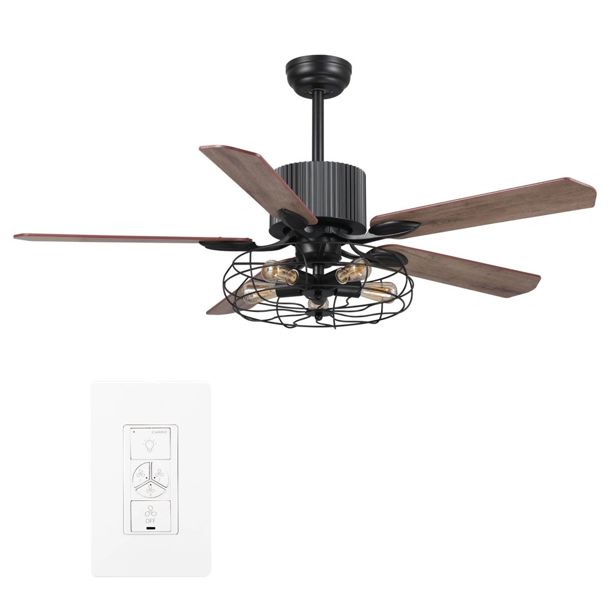 Helston 52 Inch 5-Blade Best Smart Ceiling Fan With Light & Best Smart Wall Switch - Black/Dark Wood & Light Wood (Reversible Blades)