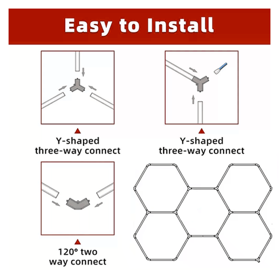 Hexagon LED Garage Light, 5 Hex Kit (24pcs), 6w/pc (Total Power 144W), 6500K, 120 - 130lm/w, AC100 - 277v,IP44, CRI:>80, For Garage, Shop, Gym, Basement, Barbershop, Warehouse, Car Detailing Shop - LEDMyPlace