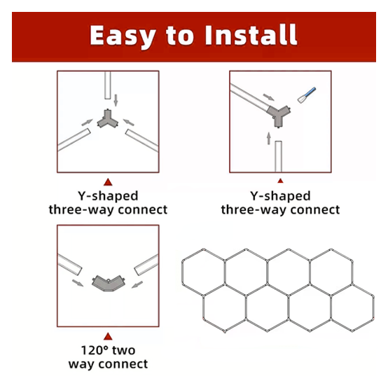 Hexagon LED Garage Light, 8 Hex Kit (35pcs), 6w/pc (Total Power 210W), 6500K, 120 - 130lm/w, AC100 - 277v,IP44, CRI:>80, For Garage, Shop, Gym, Basement, Barbershop, Warehouse, Car Detailing Shop - LEDMyPlace