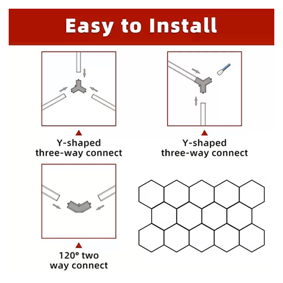 Hexagon LED Garage Lights with Rectangle Frame, 14 Hex Kit (57pcs), 6w/pc (Total Power 534W), 6500K, 120 - 130lm/w, AC100 - 277v,IP44, CRI:>80, For Garage, Shop, Gym, Basement, Barbershop, Warehouse - LEDMyPlace