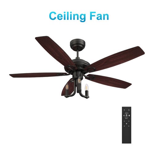 HUNTLEY 52 inch 5 - Blade Vintage Candelabra best Ceiling Fan with Light & Remote Control - Black/Brown Wood & Rosewood (Reversible Blades) - LEDMyPlace