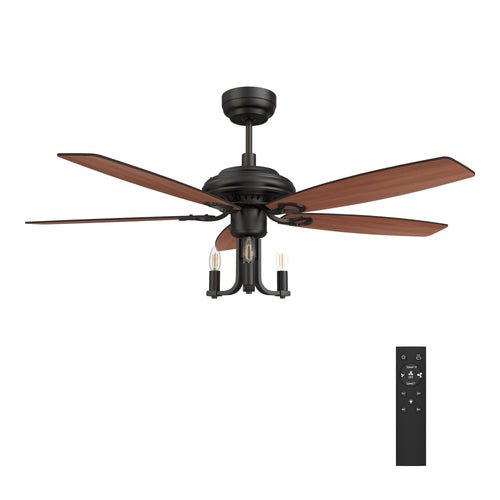 HUNTLEY 52 inch 5 - Blade Vintage Candelabra best Ceiling Fan with Light & Remote Control - Black/Brown Wood & Rosewood (Reversible Blades) - LEDMyPlace