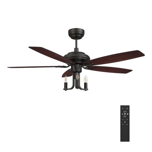 HUNTLEY 52 inch 5 - Blade Vintage Candelabra best Ceiling Fan with Light & Remote Control - Black/Brown Wood & Rosewood (Reversible Blades) - LEDMyPlace