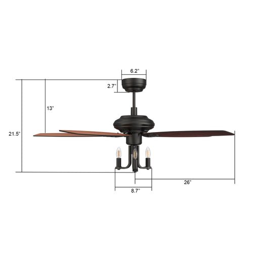 HUNTLEY 52 inch 5 - Blade Vintage Candelabra best Ceiling Fan with Light & Remote Control - Black/Brown Wood & Rosewood (Reversible Blades) - LEDMyPlace