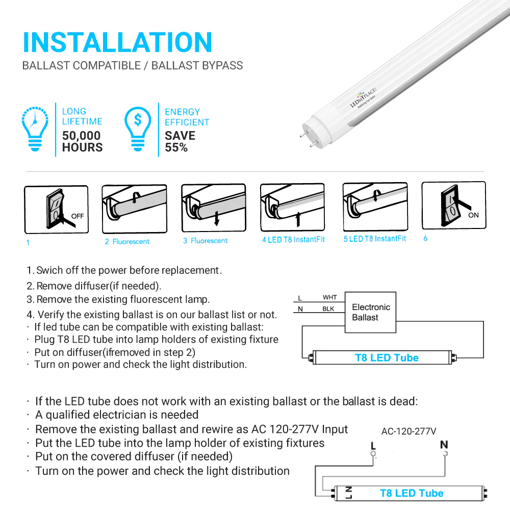 Hybrid T8 4ft LED Tube/Bulb - 22w/20w/18w/15w/ 12w/10w Wattage Adjustable, 130lm/w, 3000k/3500k/4000k/5000k/ 6000k/6500k CCT Changeable, Frosted, Base G13, Single End/Double End Power - Ballast Compatible or Bypass - LEDMyPlace