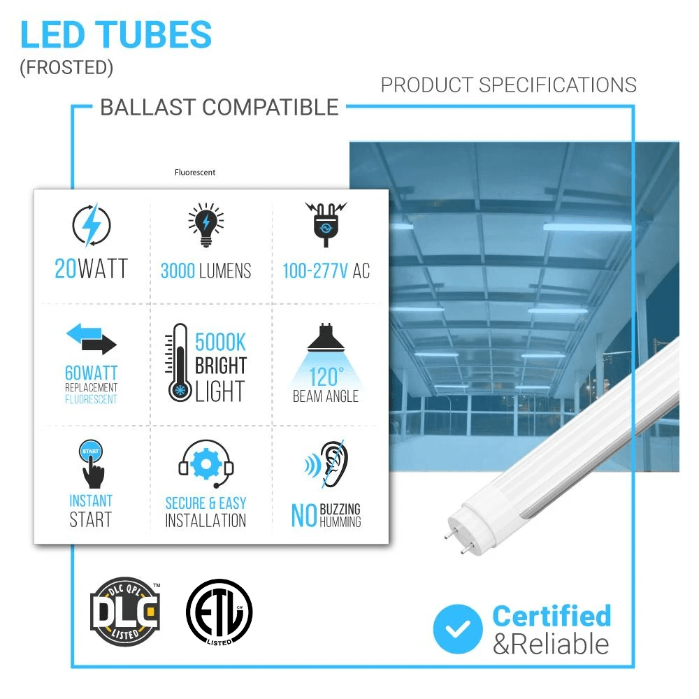 Hybrid T8 4ft LED Tube/Bulb - 22w/20w/18w/15w/ 12w/10w Wattage Adjustable, 130lm/w, 3000k/3500k/4000k/5000k/ 6000k/6500k CCT Changeable, Frosted, Base G13, Single End/Double End Power - Ballast Compatible or Bypass - LEDMyPlace