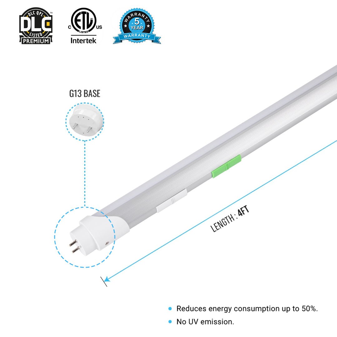 Hybrid T8 4ft LED Tube/Bulb - 22w/20w/18w/15w/ 12w/10w Wattage Adjustable, 130lm/w, 3000k/3500k/4000k/5000k/ 6000k/6500k CCT Changeable, Frosted, Base G13, Single End/Double End Power - Ballast Compatible or Bypass - LEDMyPlace