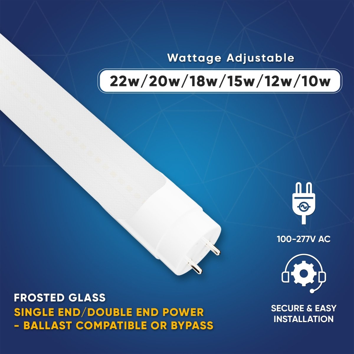 Hybrid T8 4ft LED Tube/Bulb - 22w/20w/18w/15w/ 12w/10w Wattage Adjustable, 130lm/w, 3000k/3500k/4000k/5000k/ 6000k/6500k CCT Changeable, Frosted, Base G13, Single End/Double End Power - Ballast Compatible or Bypass - LEDMyPlace