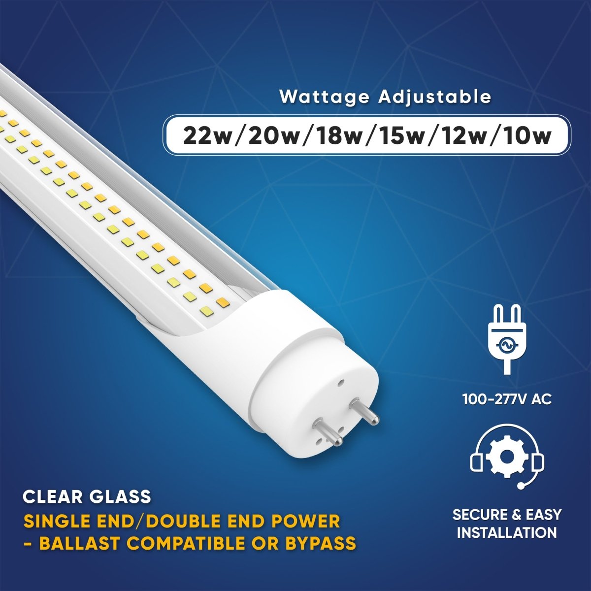 Hybrid T8 4ft LED Tube/Bulb - 22w/20w/18w/15w/12w/10w Wattage Adjustable, 130lm/w, 3000k/3500k/4000k/5000k/ 6000k/6500k CCT Changeable, Clear, Base G13, Single End/Double End Power - Ballast Compatible or Bypass