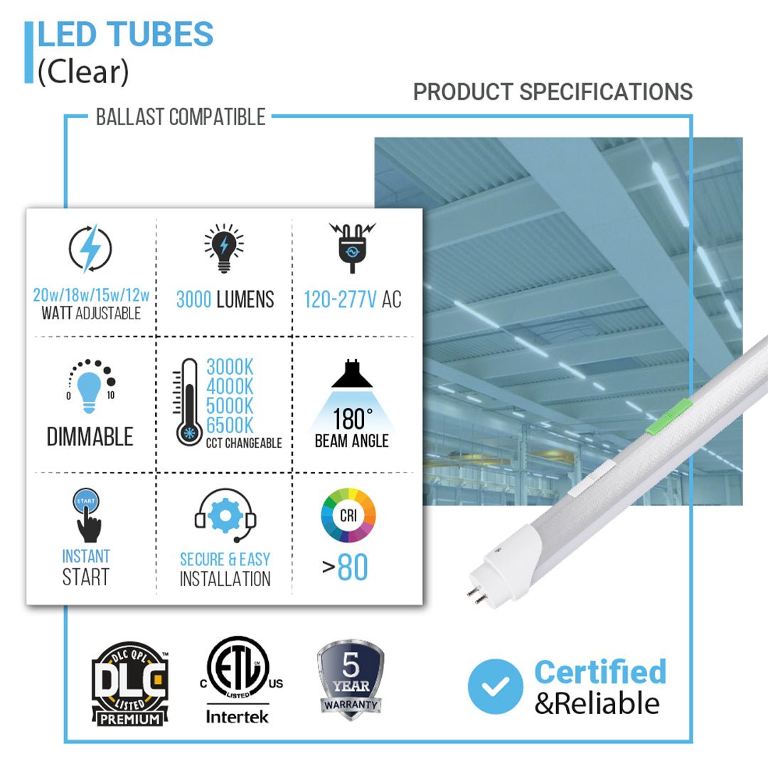 Hybrid T8 4ft LED Tube/Bulb - 22w/20w/18w/15w/12w/10w Wattage Adjustable, 130lm/w, 3000k/3500k/4000k/5000k/ 6000k/6500k CCT Changeable, Clear, Base G13, Single End/Double End Power - Ballast Compatible or Bypass - LEDMyPlace