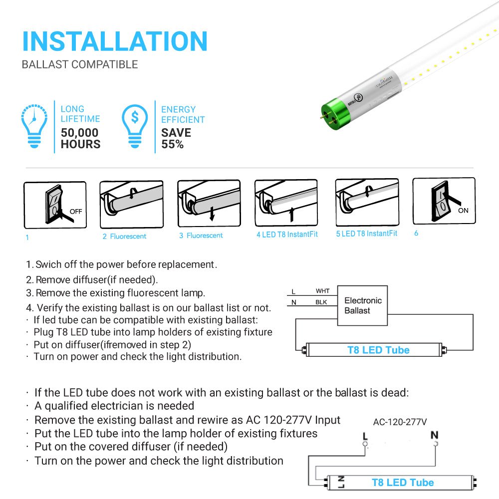 Hybrid T8 4ft LED Tube/Bulb - Glass 18W 2400 Lumens 4000K Clear, Single End/Double End Power - Ballast Compatible or Bypass (Check Compatibility List) - LEDMyPlace