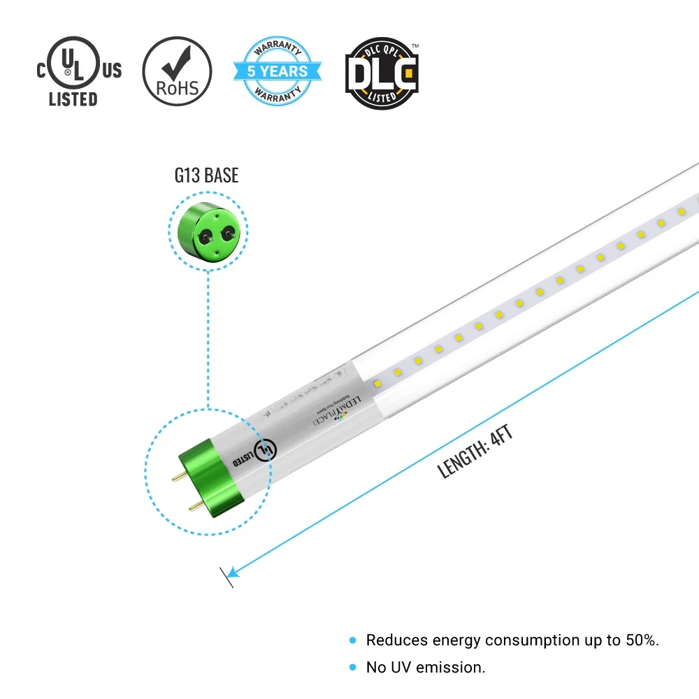 Hybrid T8 4ft LED Tube/Bulb - Glass 18W 2400 Lumens 4000K Clear, Single End/Double End Power - Ballast Compatible or Bypass (Check Compatibility List) - LEDMyPlace