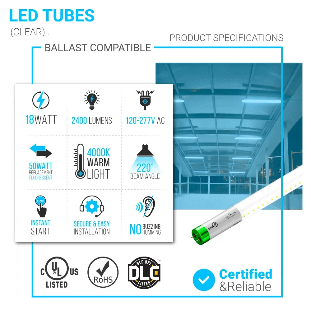 Hybrid T8 4ft LED Tube/Bulb - Glass 18W 2400 Lumens 4000K Clear, Single End/Double End Power - Ballast Compatible or Bypass (Check Compatibility List) - LEDMyPlace