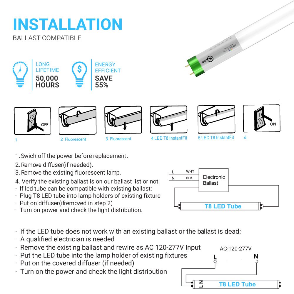 Hybrid T8 4ft LED Tube/Bulb - Glass 18W 2400 Lumens 4000K Frosted, Single End/Double End Power - Ballast Compatible or Bypass (Check Compatibility List) - LEDMyPlace