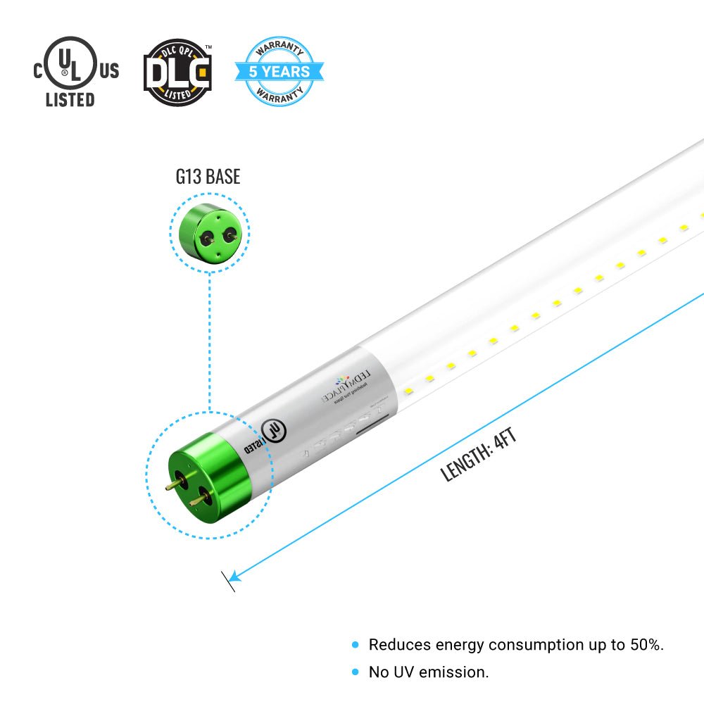 Hybrid T8 4ft LED Tube/Bulb - Glass 18W 2400 Lumens 5000K Clear, Single End/Double End Power - Ballast Compatible or Bypass (Check Compatibility List) - LEDMyPlace