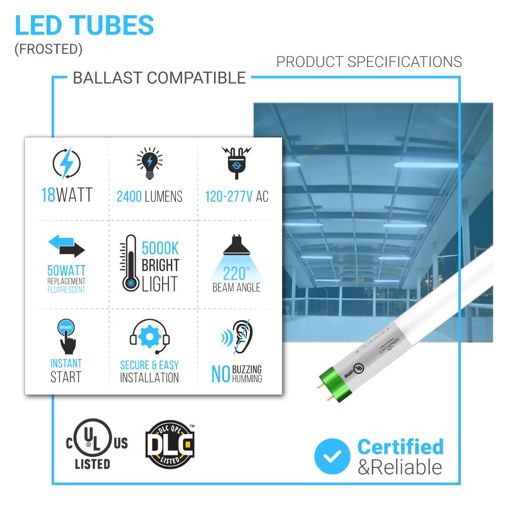 Hybrid T8 4ft LED Tube/Bulb - Glass 18W 2400 Lumens 5000K Frosted, Single End/Double End Power - Ballast Compatible or Bypass (Check Compatibility List) - LEDMyPlace