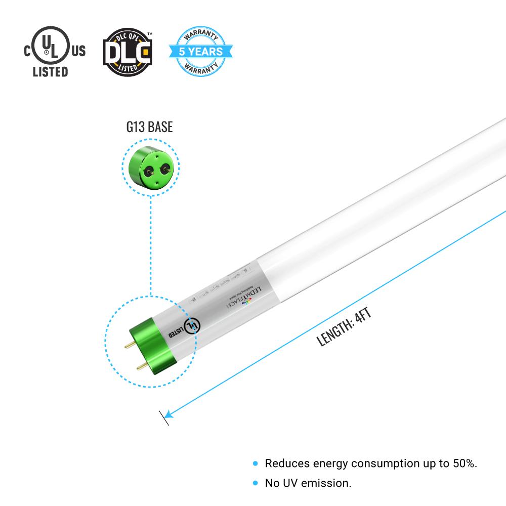 Hybrid T8 4ft LED Tube/Bulb - Glass 18W 2400 Lumens 5000K Frosted, Single End/Double End Power - Ballast Compatible or Bypass (Check Compatibility List) - LEDMyPlace