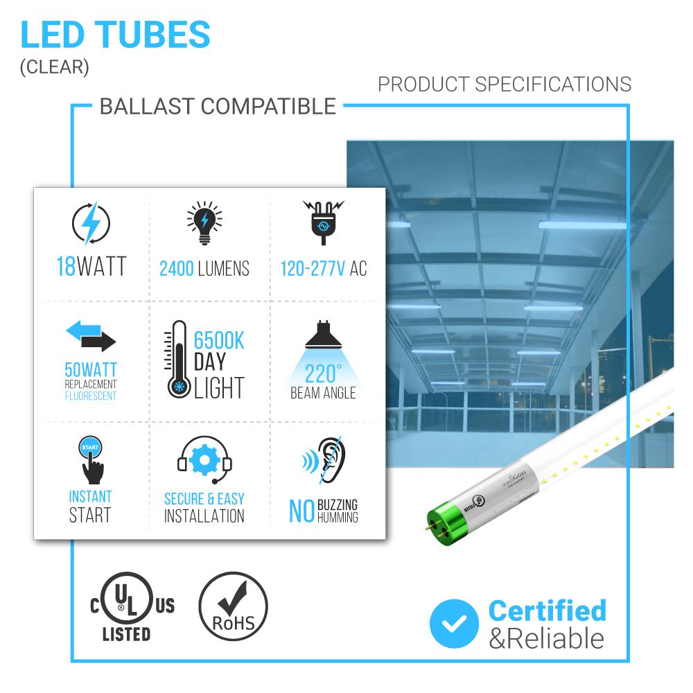 Hybrid T8 4ft LED Tube/Bulb - Glass 18W 2400 Lumens 6500K Clear, Single End/Double End Power - Ballast Compatible or Bypass (Check Compatibility List) - LEDMyPlace