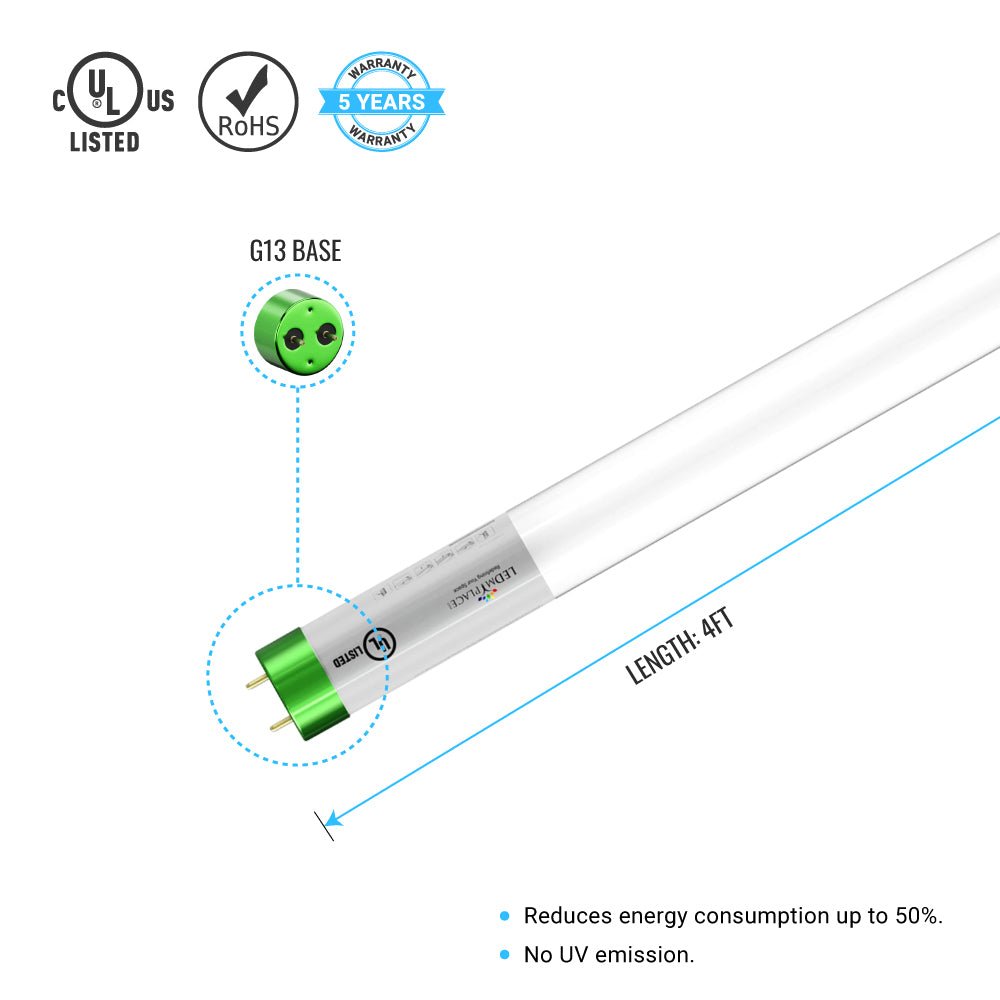 Hybrid T8 4ft LED Tube/Bulb - Glass 18W 2400 Lumens 6500K Frosted, Single End/Double End Power - Ballast Compatible or Bypass (Check Compatibility List) - LEDMyPlace