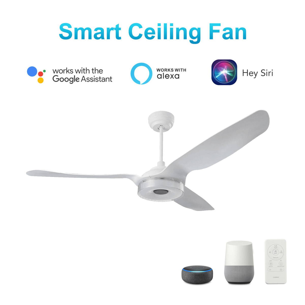 Icebreaker 56 in. (3 - Blade) Modern White Best Ceiling Fan w/ Remote & Dimmable LED Light, Works w/ Alexa/Google Home/Siri - LEDMyPlace