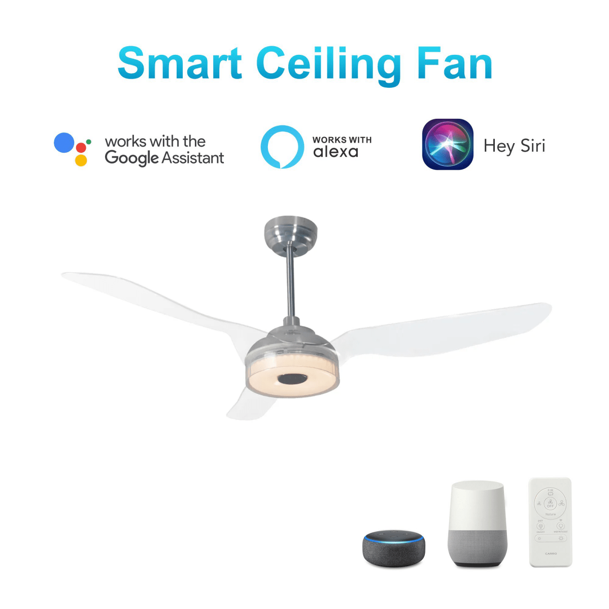 Icebreaker 56 in. LED Best Smart Ceiling Fan with Remote (3 - Blade) Silver Finish (Voice Control) w/ Alexa/Google Home/Siri - LEDMyPlace