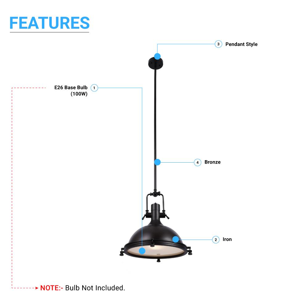 Industrial Pendant Light Fixture, Bronze Finish, Dome Shape, Includes Extension Rods 1x6"+3x12", E26 Base - LEDMyPlace