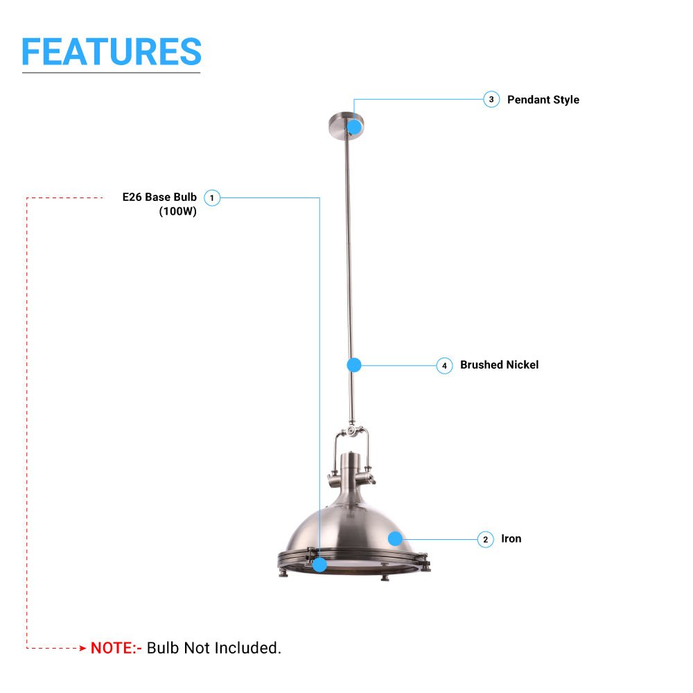 Industrial Pendant Light Fixture, Satin Nickel Finish, Dome Shape, Includes Extension Rods 1x6"+3x12", E26 Base - LEDMyPlace