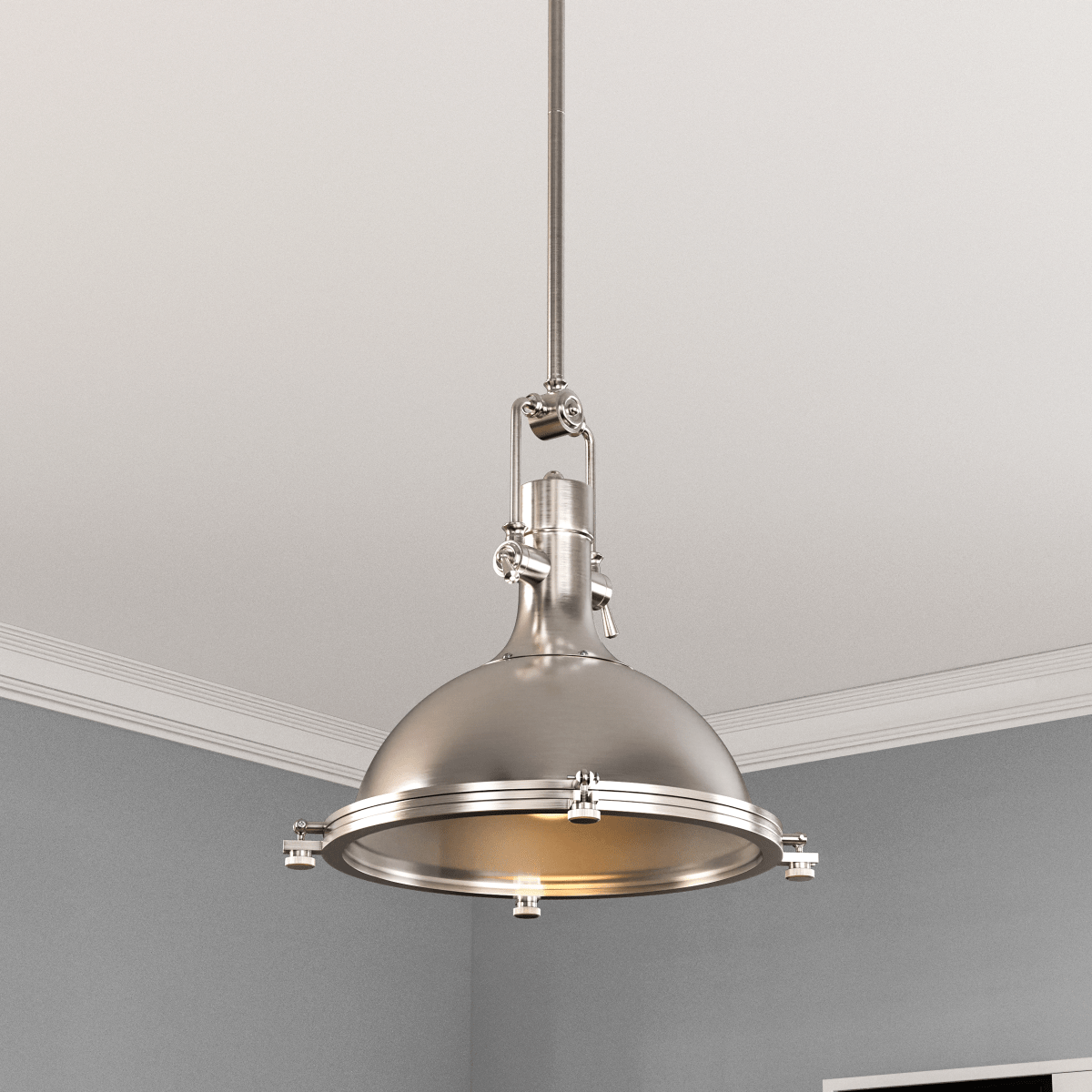 Industrial Pendant Light Fixture, Satin Nickel Finish, Dome Shape, Includes Extension Rods 1x6"+3x12", E26 Base - LEDMyPlace