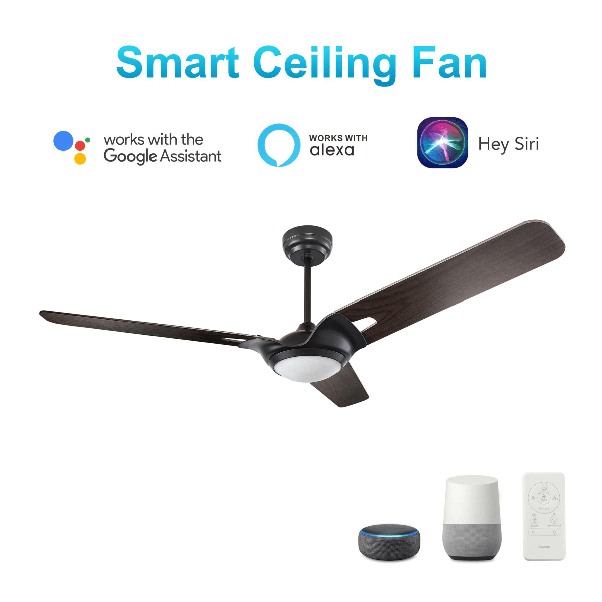 Innovator 52" 3 Blade Best Smart LED Ceiling Fan with Remote Control, Black/Dark Wood Pattern Finish, Works w/ Alexa/Google Home/Siri - LEDMyPlace