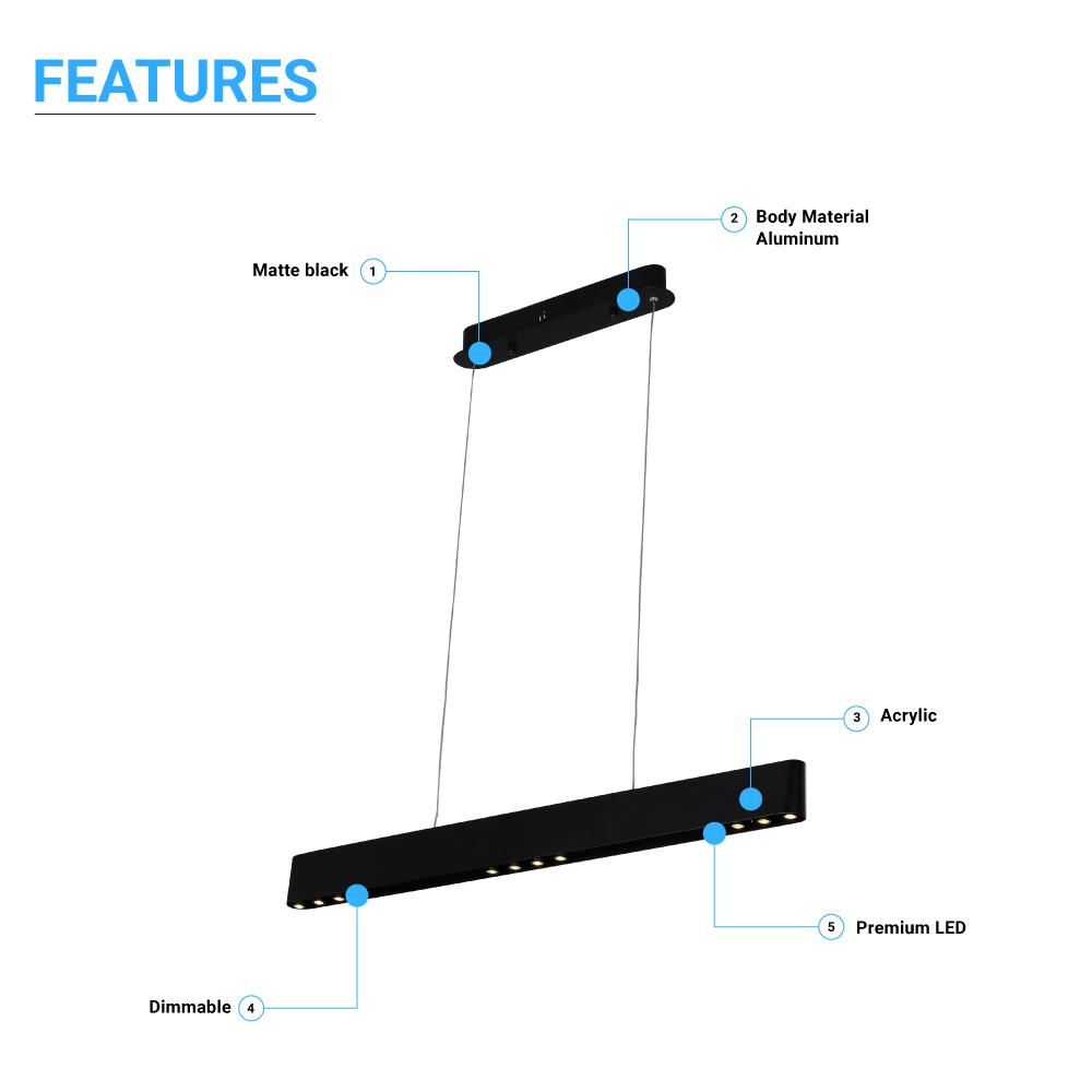 Integrated LED Linear Chandelier Light Fixture In Matte Black Body Finish, 9W, 3000K(warm white), 450LM, Dimmable - LEDMyPlace