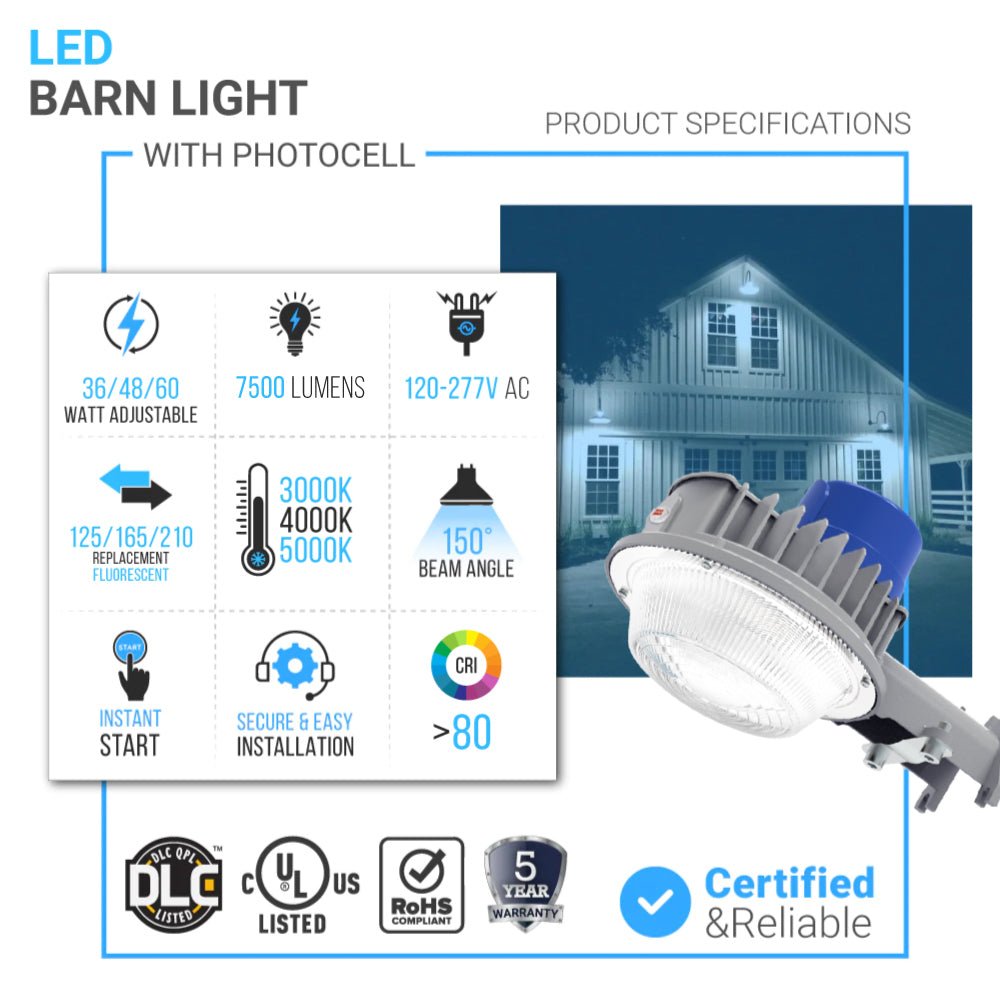 LED Barn Light w/ 3 - pin NEMA Photocell, 36/48/60 Wattage Adjustable 3000K/4000K/5000K CCT Changeable, 120 - 277V, Dusk - To - Dawn, Silver - LEDMyPlace