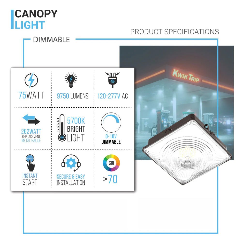 LED Canopy Light 75W 5700K Daylight 9750LM IP65 Waterproof 0 - 10V Dim 120 - 277VAC Surface or Pendant Mount, for Gas Stations Outdoor Area Light, Black - LEDMyPlace