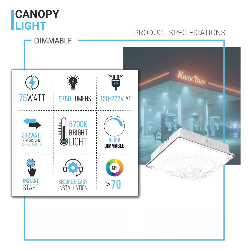 LED Canopy Light 75W 5700K Daylight 9750LM IP65 Waterproof 0 - 10V Dim 120 - 277VAC Surface or Pendant Mount, for Gas Stations Outdoor Area Light, White - LEDMyPlace