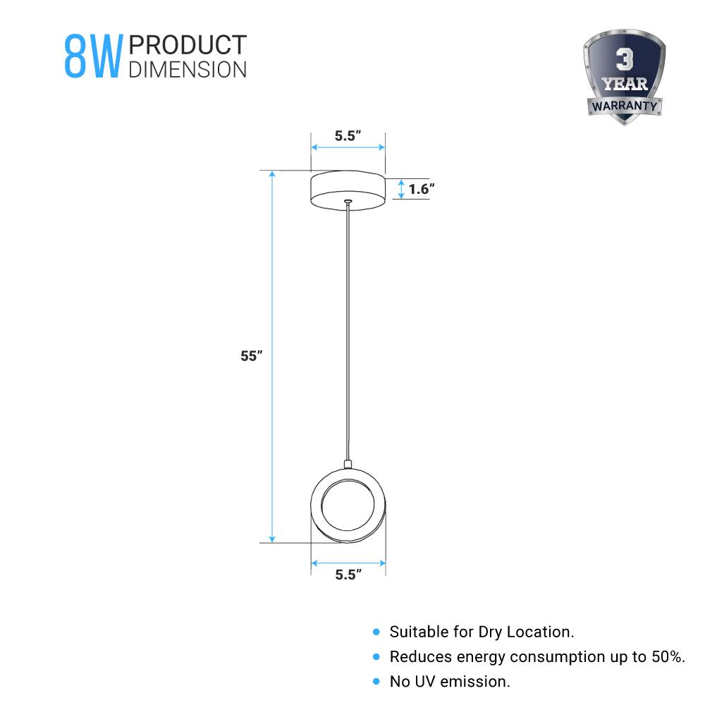 LED Circular Vertical One Ring Pendant Light, 8W, 3000K, 400LM, 120V, Dim: 5.5 x 55 Inch, ETL Listed, Dimmable, Circline Architectural, Hanging Light Fixture - LEDMyPlace