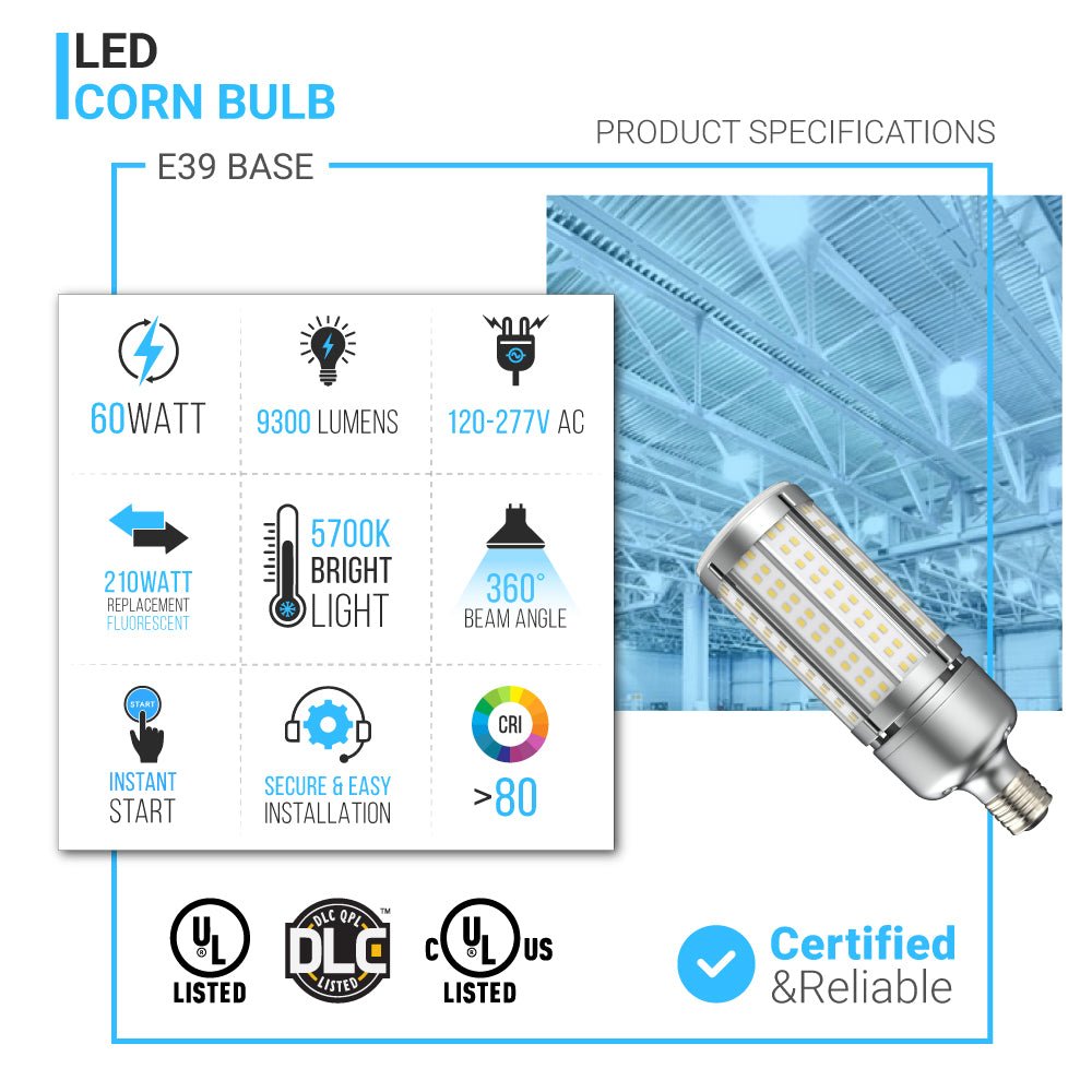 LED Corn Bulb, 18W/60W/100W/120W, 5700K, AC120 - 277V, Dimmable, Damp Location, UL, DLC & RoHS approved, For Garage Warehouse Outdoor Street Area Lighting - LEDMyPlace