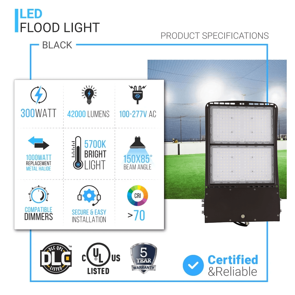 LED Flood Light, 300W/240W/200W Wattage Adjustable, 5700K, 136 LM/W, AC120 - 277V, Black, Dimmable, IP65, Floodlight for Outdoor Security, Backyard |Court|Stadium|Basket Ball Court|Alleys Lighting, Gen14B - LEDMyPlace