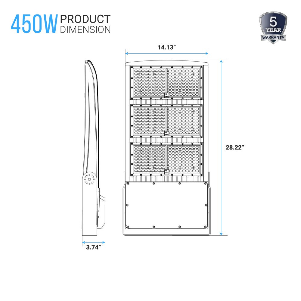 LED Flood Light With Photocell, 450W 5700K, AC100 - 277V, Stadium Lights, With 20KV Surge Protector, IP65 Waterproof Outside Floodlight Exterior Security Light for Yard, Street, Parking Lot - LEDMyPlace