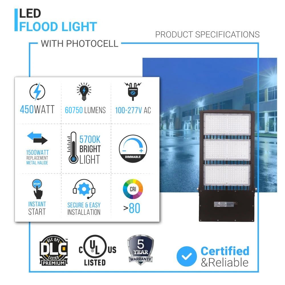 LED Flood Light With Photocell, 450W 5700K, AC100 - 277V, Stadium Lights, With 20KV Surge Protector, IP65 Waterproof Outside Floodlight Exterior Security Light for Yard, Street, Parking Lot - LEDMyPlace