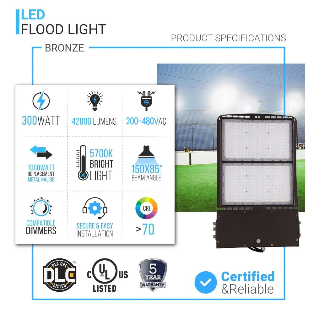 LED High Output Flood Light Fixture, 300W/240W/200W Wattage Adjustable, 5700K, IP65 Waterproof, Dimmable, 277V - 480V High Voltage, Bronze, Commercial Lighting Garden Yard Park Stadium Arena Lighting Fixture, Gen14B - LEDMyPlace