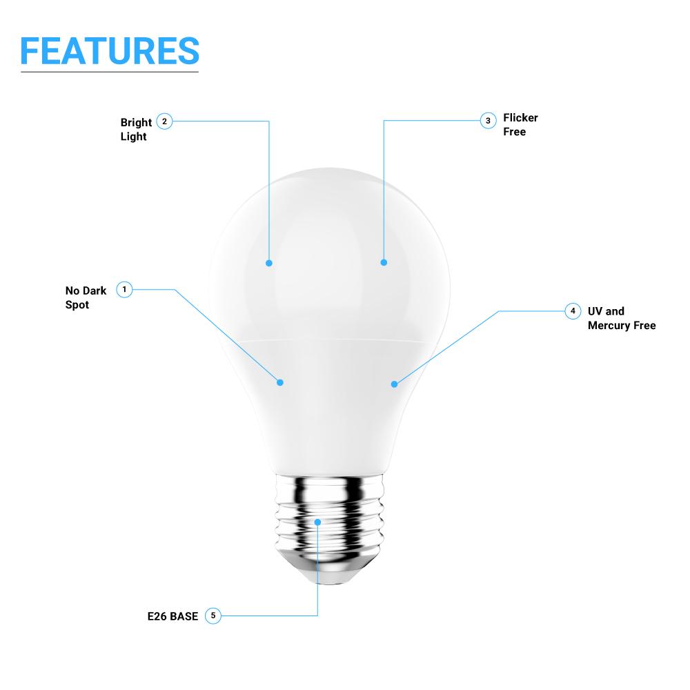 LED Light Bulbs A19 9 Watt 5000K 800 Lumens 120V E26 Base UL Listed Damp Location Non - Dimmable - LEDMyPlace