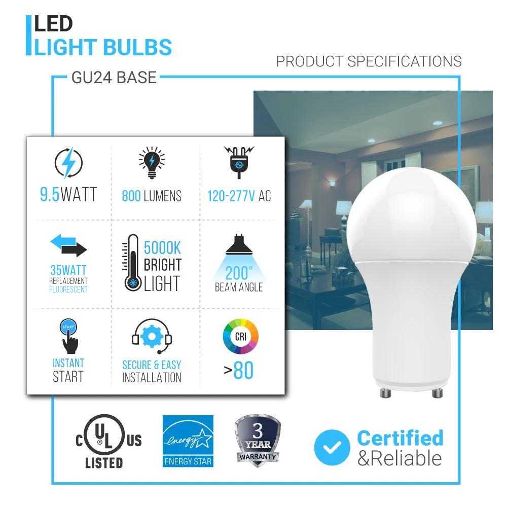 LED Light Bulbs A19 9.5 Watt 5000K 800 Lumens 120V Dimmable, General Purpose Lamp GU24 Base - LEDMyPlace